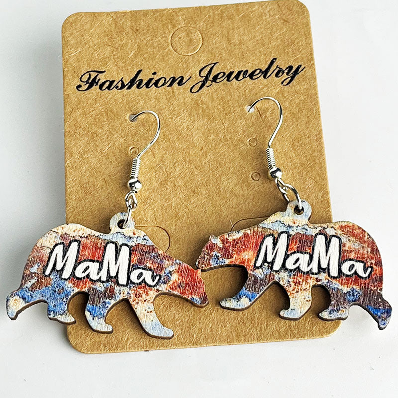 Wholesale Mother's Day Mother Bear Wooden Earrings